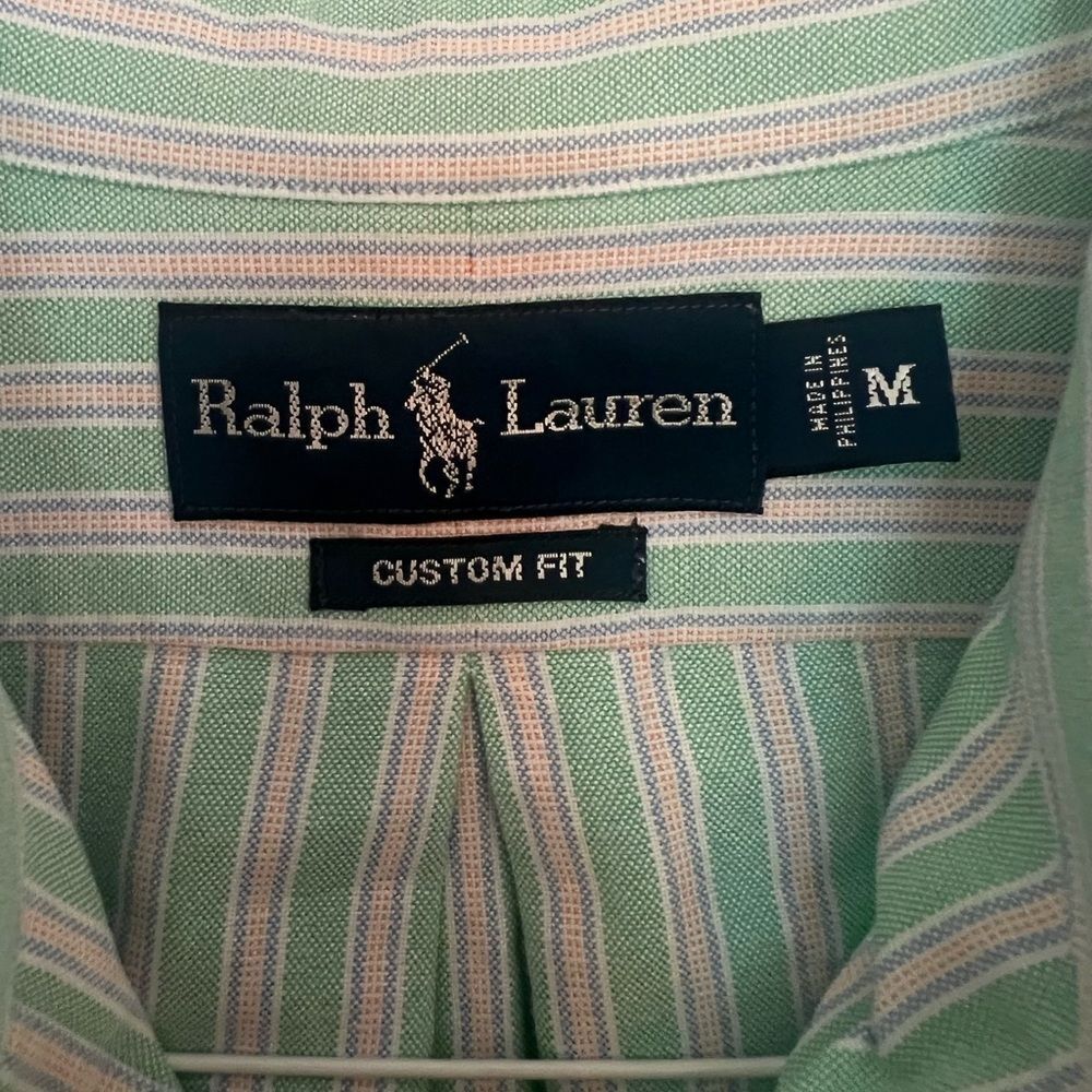 Ralph Lauren Mens Shirt Custom Fit Button Down Long Sleeves Striped Green Medium - Picture 2 of 9